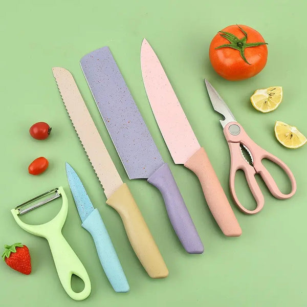 Set of 6 colorful kitchen knives, high carbon stainless steel, non-stick blades.